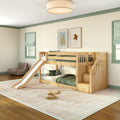 Kids bedroom with natural wood bunk bed and slide, green bedding, striped shades, pendant light and wooden toy airplane
