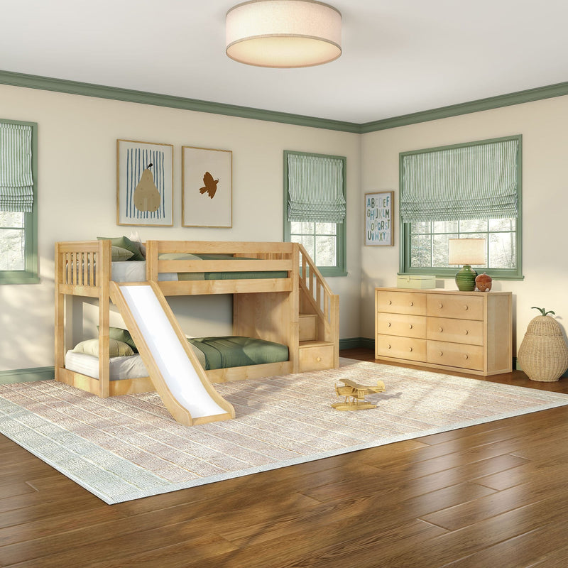 Children's bedroom with natural wood loft bunk bed and slide, green-trim windows with striped Roman shades, wooden dresser, toy airplane and warm ceiling light