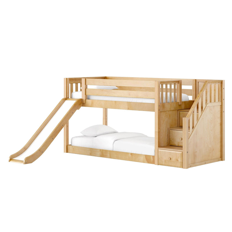 Natural maple wooden bunk bed with slide and storage-stairs, twin-over-full kids loft bed with white bedding