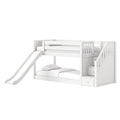 White wooden loft bunk bed with slide and built-in storage stairs, modern kids' bunk bed for children's bedroom