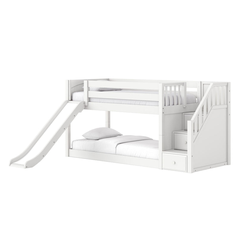 White wooden loft bunk bed with slide and built-in storage stairs, modern kids' bunk bed for children's bedroom