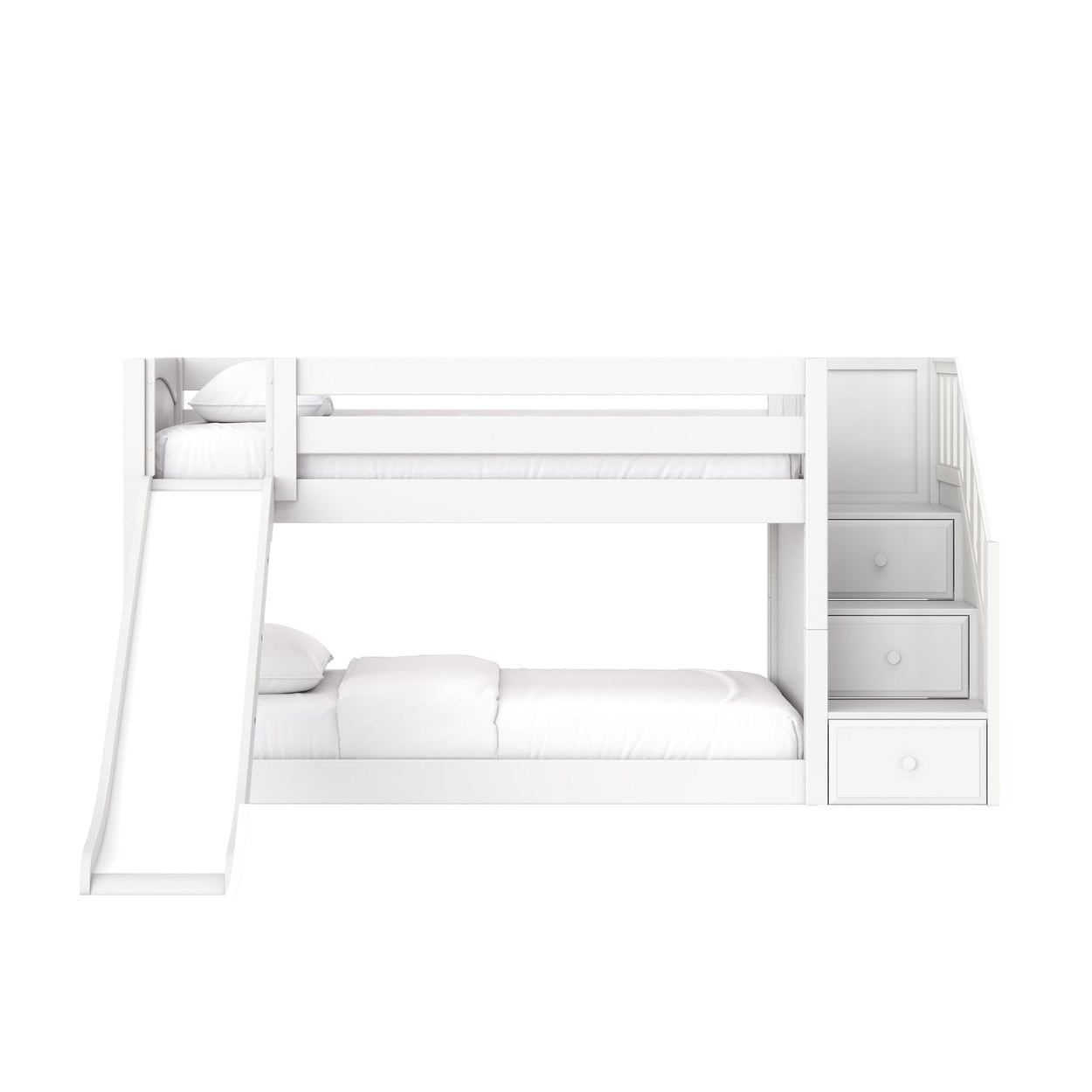 White wooden loft bunk bed with slide, built-in stairs and storage drawers — modern kids bedroom furniture for small spaces