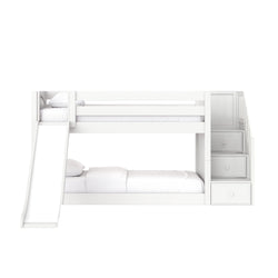 White wooden loft bunk bed with slide, built-in stairs and storage drawers — modern kids bedroom furniture for small spaces