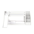 White wooden loft bunk bed with slide, built-in stairs and storage drawers — modern kids bedroom furniture for small spaces