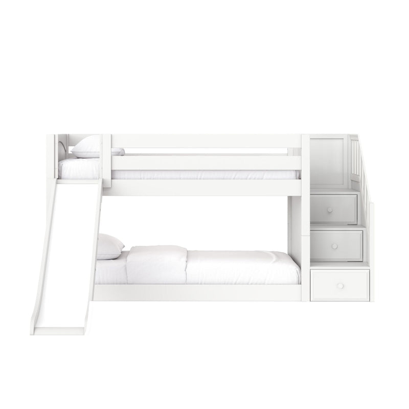 White wooden loft bunk bed with slide, built-in stairs and storage drawers — modern kids bedroom furniture for small spaces