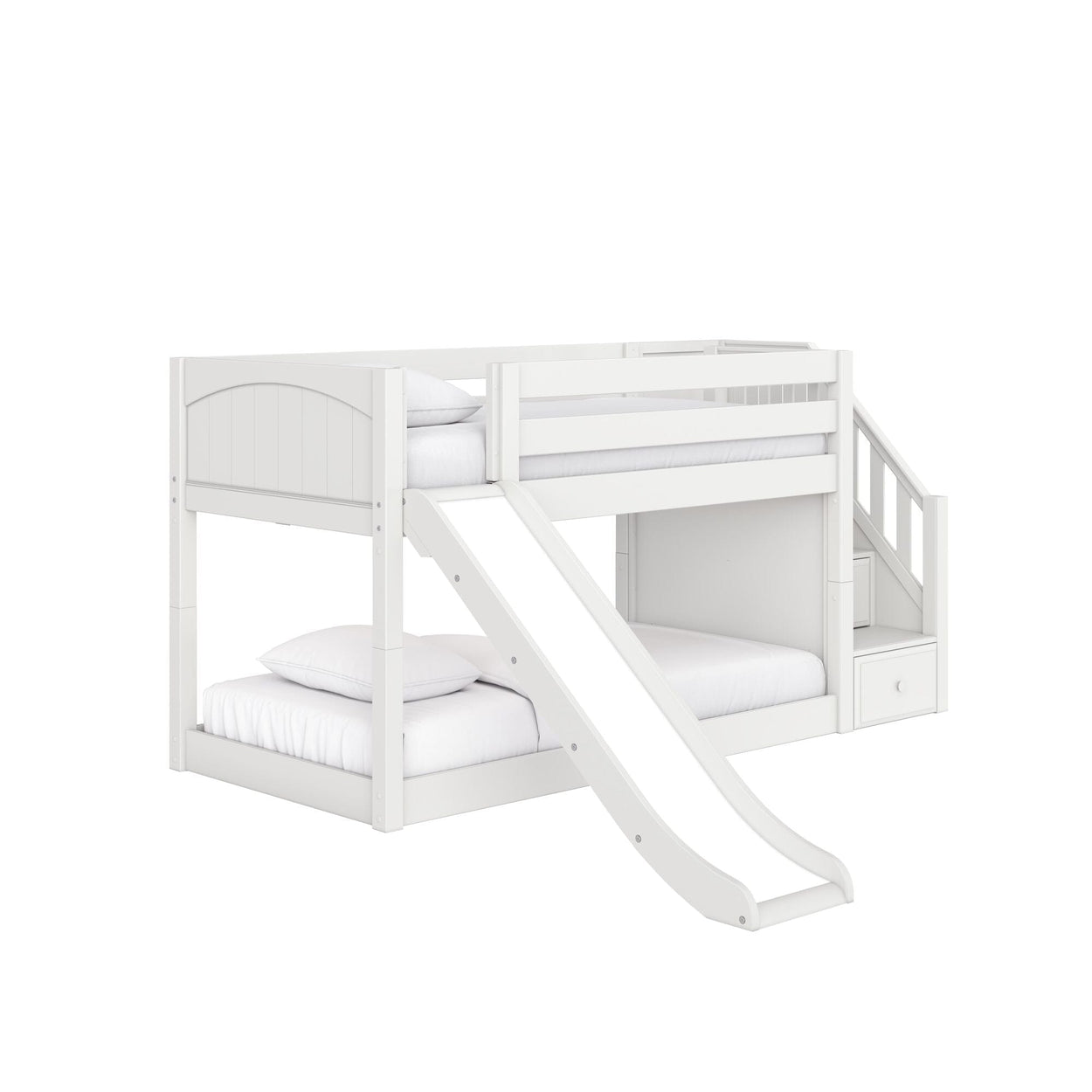 White wooden loft bunk bed with built-in slide and staircase storage drawers, two sleeping areas with guardrails for kids' bedroom