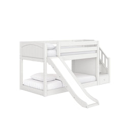 White wooden loft bunk bed with built-in slide and staircase storage drawers, two sleeping areas with guardrails for kids' bedroom
