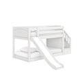 White wooden loft bunk bed with built-in slide and staircase storage drawers, two sleeping areas with guardrails for kids' bedroom