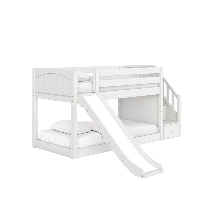 White wooden loft bunk bed with built-in slide and staircase storage drawers, two sleeping areas with guardrails for kids' bedroom