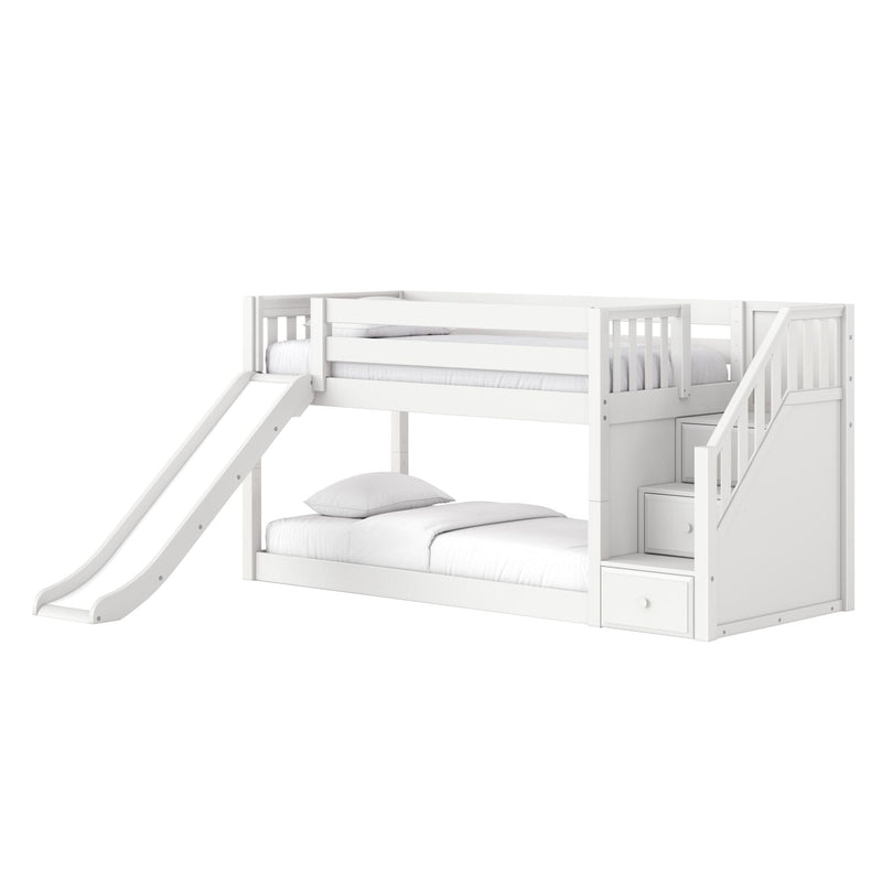 White wooden loft bunk bed with slide and built-in storage stairs, two beds with white bedding, modern kids' bedroom furniture