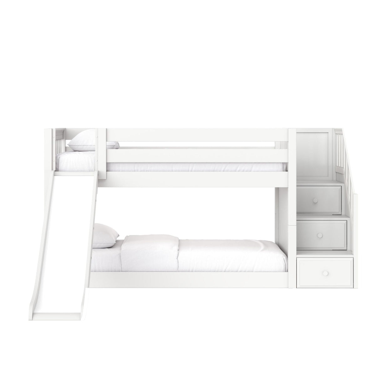 White wooden twin-over-twin bunk bed with slide and built-in drawers — modern kids' bedroom furniture and space-saving storage solution