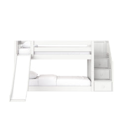 White wooden twin-over-twin bunk bed with slide and built-in drawers — modern kids' bedroom furniture and space-saving storage solution