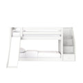White wooden twin-over-twin bunk bed with slide and built-in drawers — modern kids' bedroom furniture and space-saving storage solution