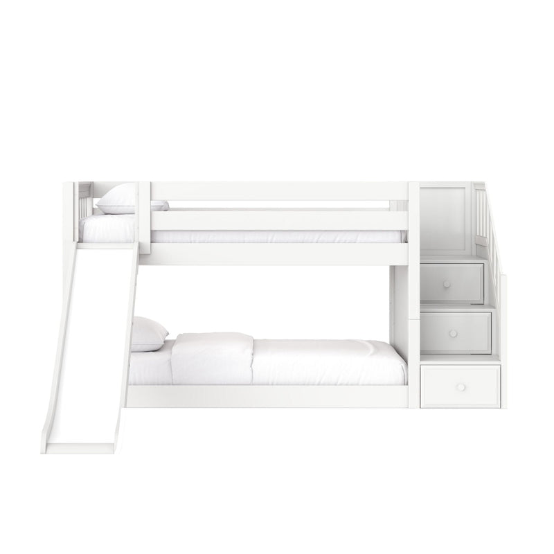 White wooden twin-over-twin bunk bed with slide and built-in drawers — modern kids' bedroom furniture and space-saving storage solution