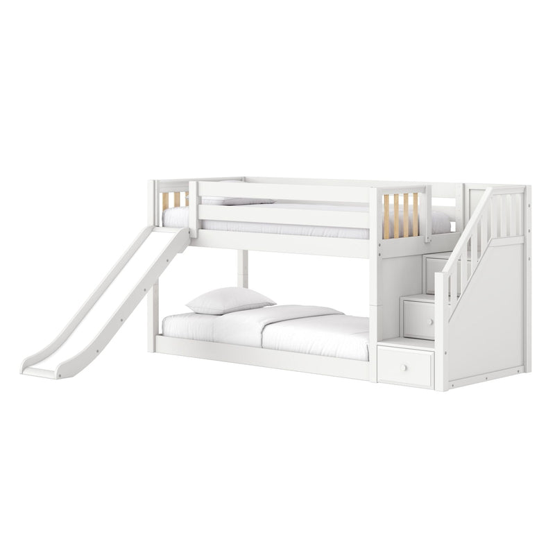 White wooden kids loft bunk bed with slide, built-in staircase and storage drawers — twin-over-twin modern children's bedroom furniture