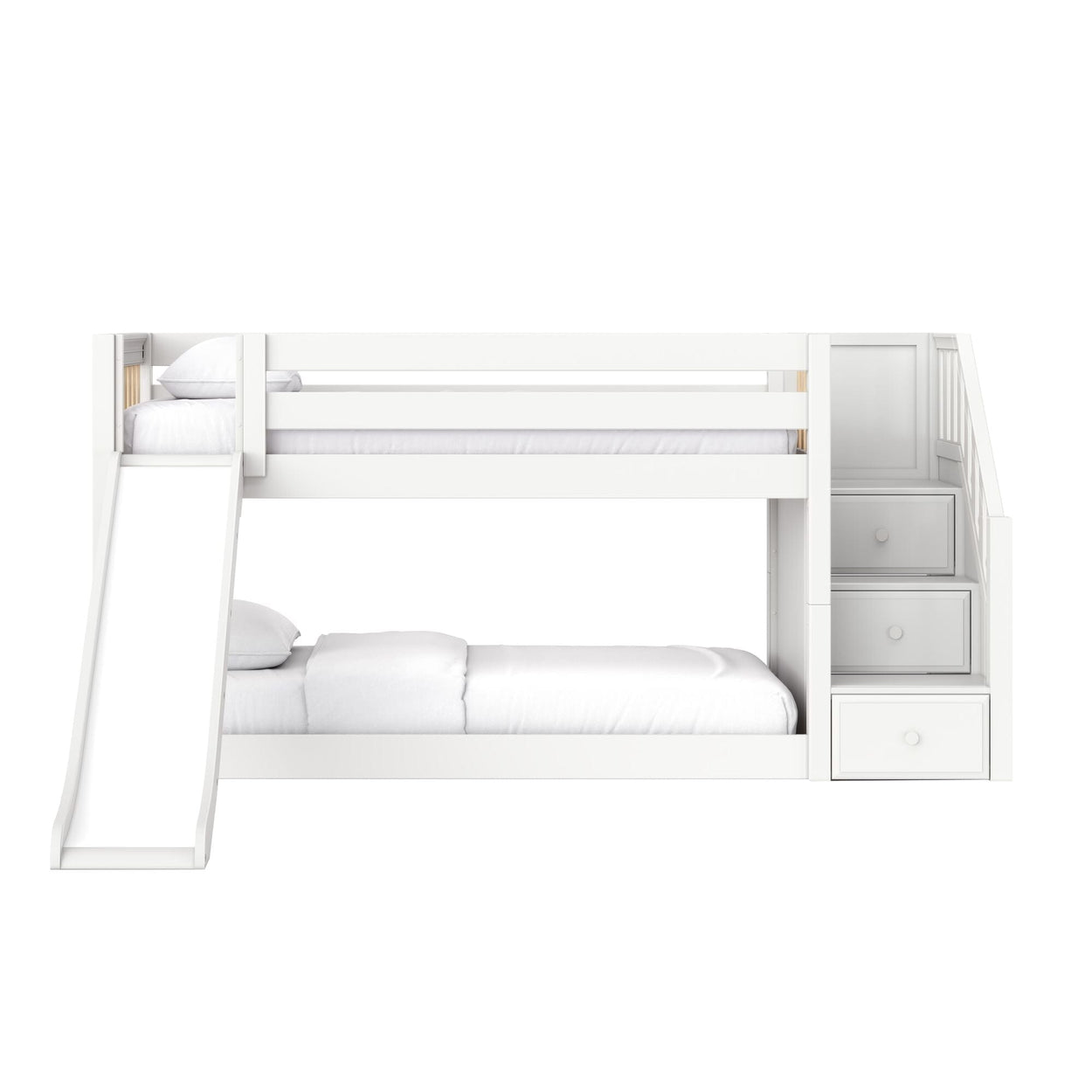 White wooden bunk bed with slide and built-in staircase drawers, twin-over-full kids' bedroom furniture