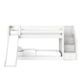 White wooden bunk bed with slide and built-in staircase drawers, twin-over-full kids' bedroom furniture