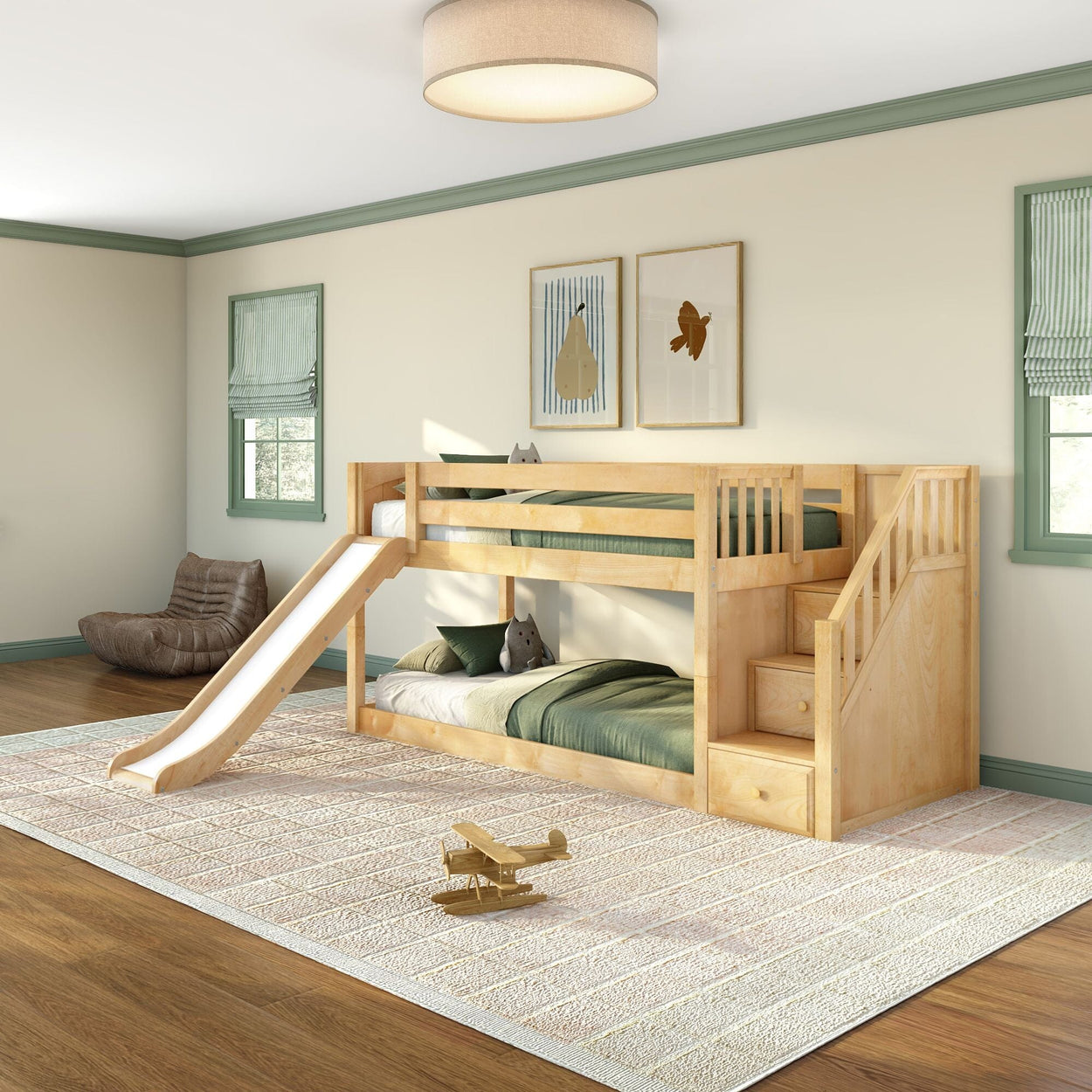 Natural wood twin-over-twin bunk bed with slide and built-in stair storage in bright kids' bedroom with green bedding and wooden toy plane