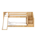 Natural maple wooden bunk bed with slide and built-in staircase storage drawers, twin-over-full loft bed with white bedding