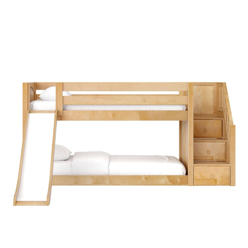 Natural maple wooden bunk bed with slide and built-in staircase storage drawers, twin-over-full loft bed with white bedding