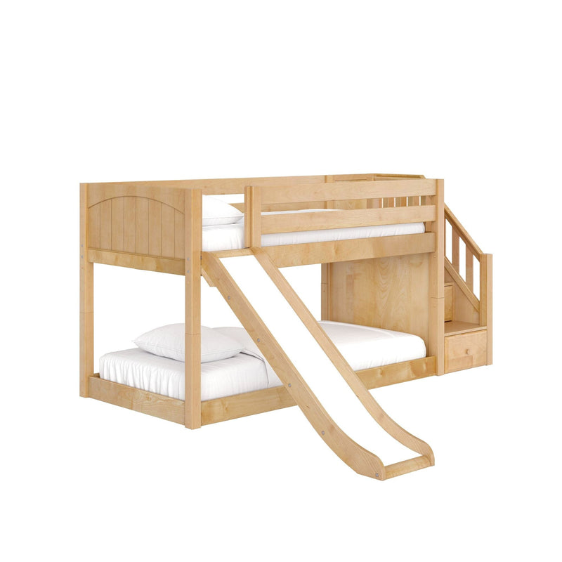 Maple bunk bed with stairs and curved slide, built-in drawers and safety rails — twin-over-full kids loft bed in natural wood finish