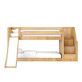 Light maple wood twin-over-full bunk bed with built-in storage stairs and slide, white bedding, modern kids' bedroom furniture
