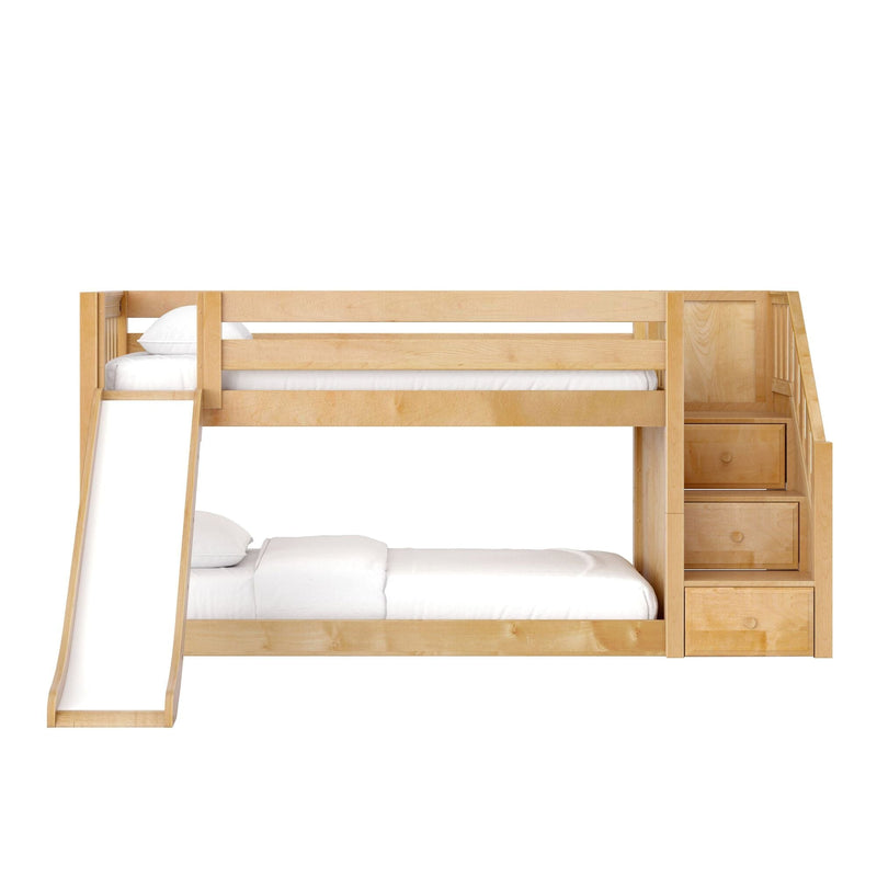 Light maple wood twin-over-full bunk bed with built-in storage stairs and slide, white bedding, modern kids' bedroom furniture
