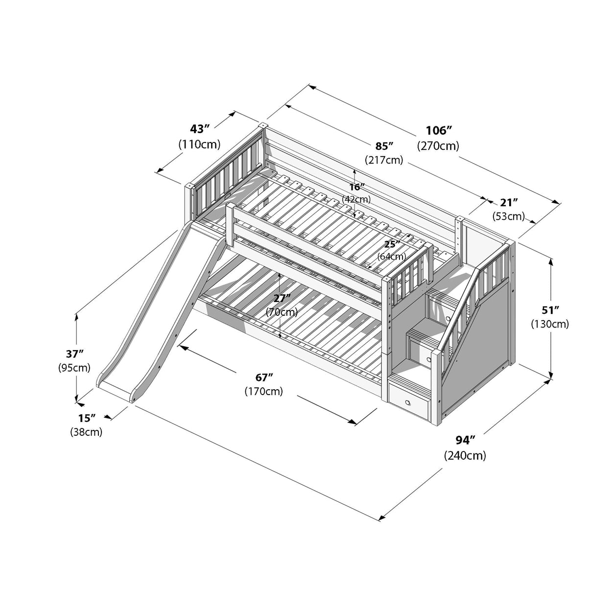 Isometric line drawing of a children's bunk bed with slide, staircase storage drawers and guardrails showing detailed dimensions in inches and centimeters (106 in × 94 in × 51 in)