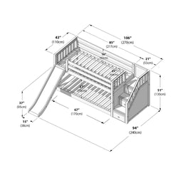 Isometric line drawing of a children's bunk bed with slide, staircase storage drawers and guardrails showing detailed dimensions in inches and centimeters (106 in × 94 in × 51 in)