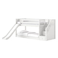 White wooden twin-over-full bunk bed with slide, staircase storage drawers, guardrails and cozy bedding — modern kids loft bed and play furniture