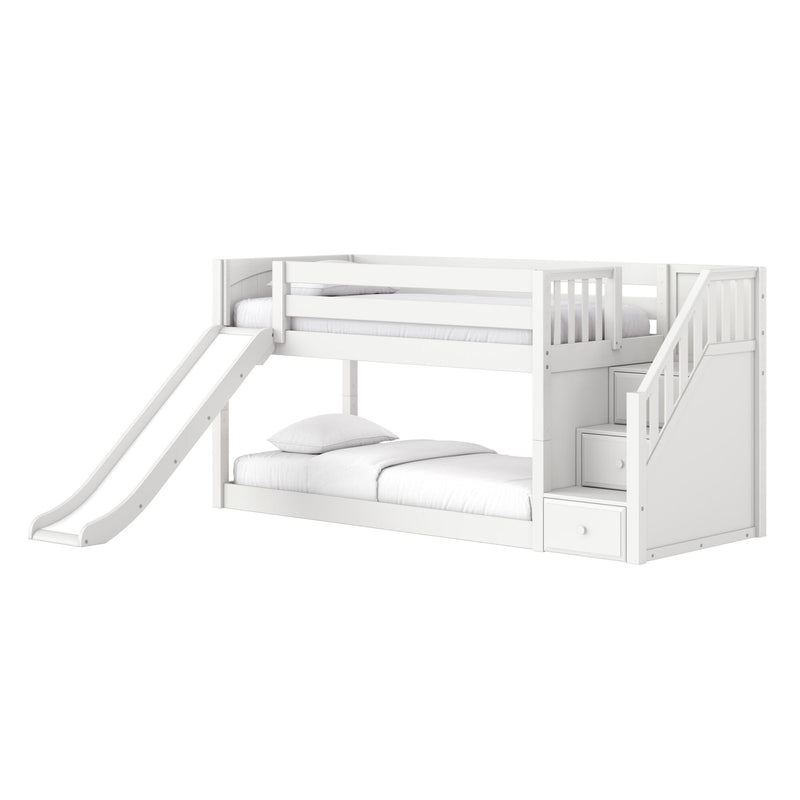 White wooden twin-over-full bunk bed with slide, staircase storage drawers, guardrails and cozy bedding — modern kids loft bed and play furniture