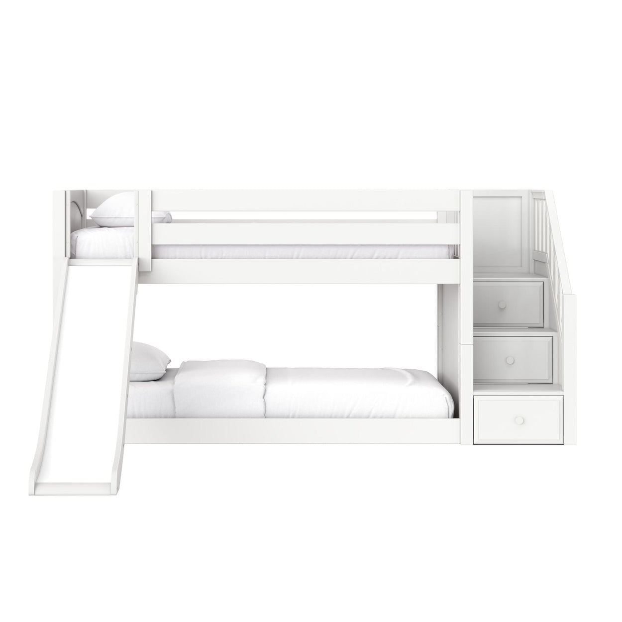 White wooden bunk bed with slide and built-in staircase drawers, twin-over-full loft bed with white bedding