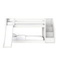 White wooden bunk bed with slide and built-in staircase drawers, twin-over-full loft bed with white bedding