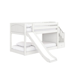 White wooden twin-over-full loft bunk bed with slide, stair storage drawers and safety rails for kids' bedroom
