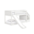 White wooden twin-over-full loft bunk bed with slide, stair storage drawers and safety rails for kids' bedroom