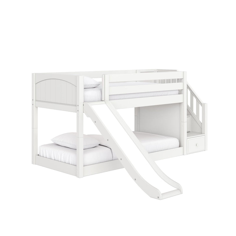 White wooden twin-over-full loft bunk bed with slide, stair storage drawers and safety rails for kids' bedroom