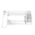 White wooden kids loft bunk bed with slide and built-in staircase drawers and white bedding