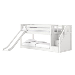 White wooden kids loft bunk bed with slide, built-in staircase and storage drawers, twin-over-full children's bedroom furniture