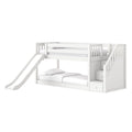 White wooden kids loft bunk bed with slide, built-in staircase and storage drawers, twin-over-full children's bedroom furniture