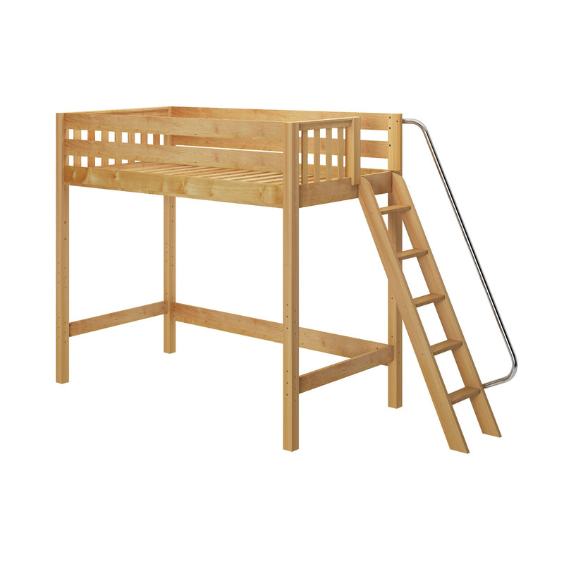 Natural wood loft bed frame with guardrail and angled ladder – pine high‑sleeper bed for kids and teens