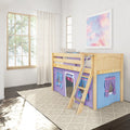 Bright modern kids loft bunk bed with wooden ladder and purple playhouse tent, pastel cloud wall art, large window with sheer curtains and abundant natural light