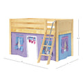 Natural wood twin kids loft bed with ladder and purple playhouse curtains, 50.75″ H, 80″ x 61″ footprint