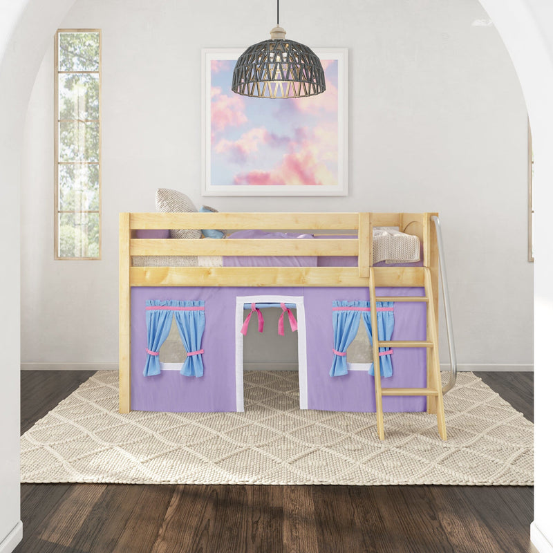 Wooden kids loft bed with purple playhouse curtain, ladder and slide in bright modern children's bedroom with pastel cloud wall art and pendant light