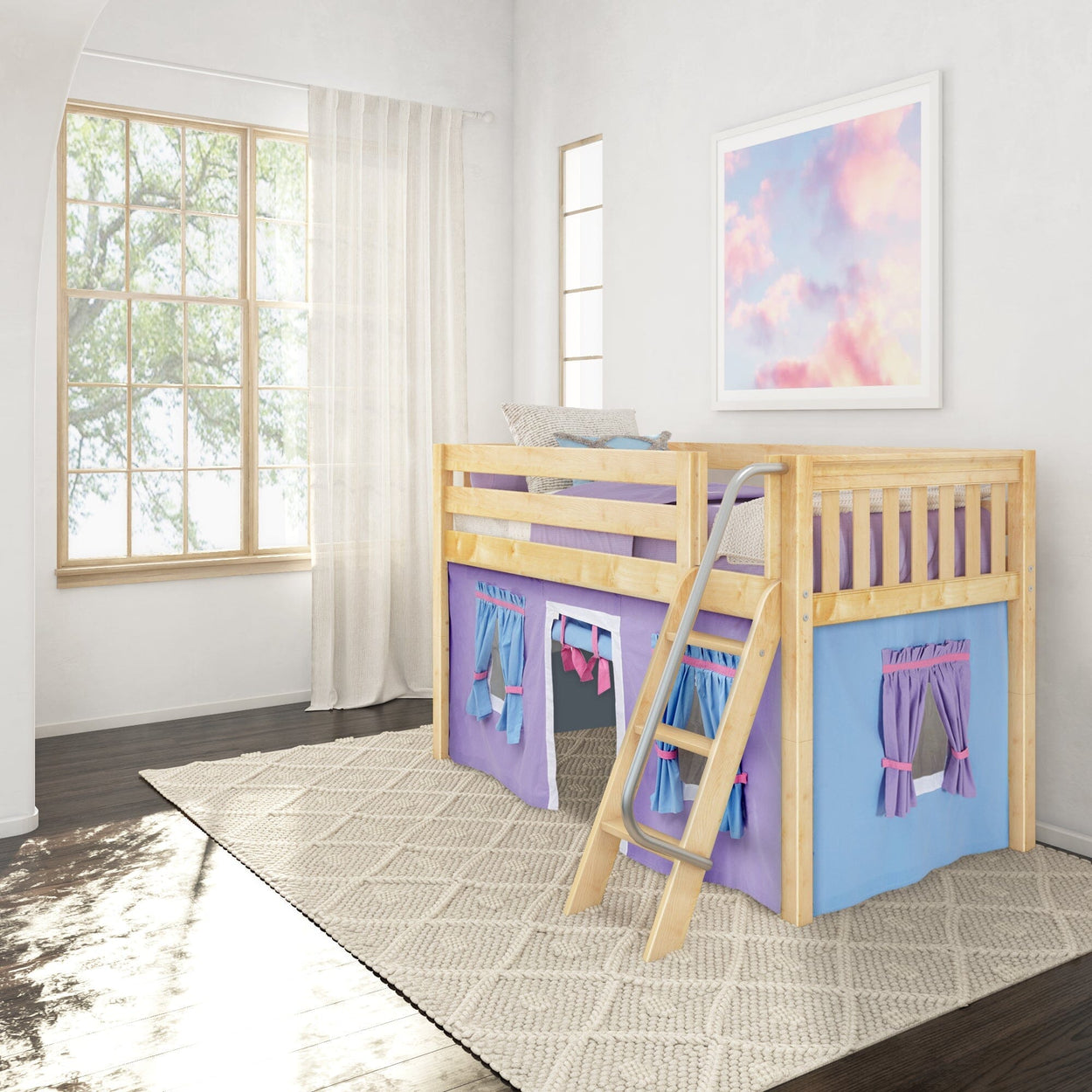 Wooden kids loft bed with ladder and purple-blue playhouse curtains, pastel bedding in a bright modern bedroom with large window and textured beige area rug