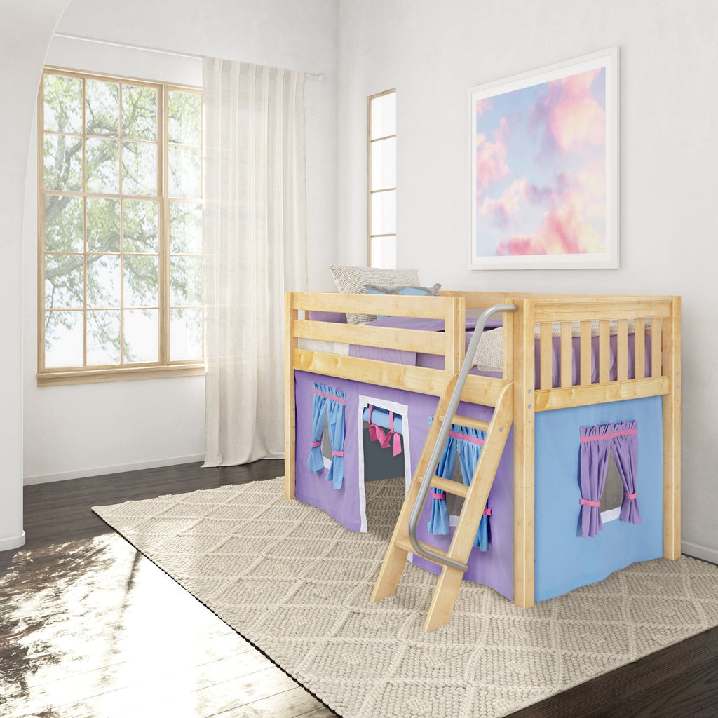 Sunlit children's bedroom with wooden loft bed, purple play tent panels and ladder, large window, rug and pastel cloud wall art