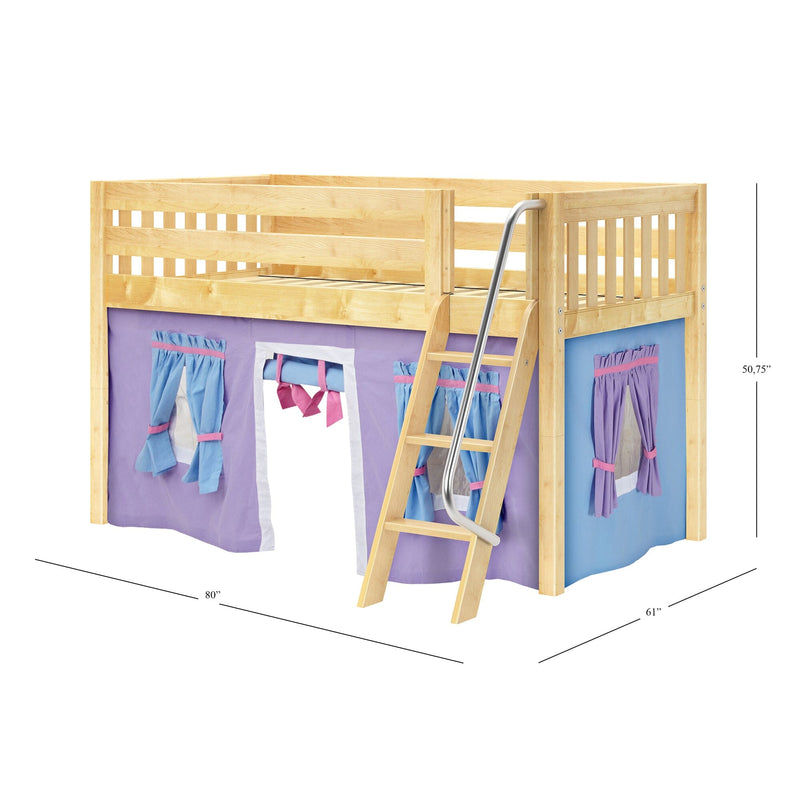 Natural wood twin loft bed with ladder and safety guardrails, purple play-tent curtains underneath — kids loft bed playhouse, space-saving design