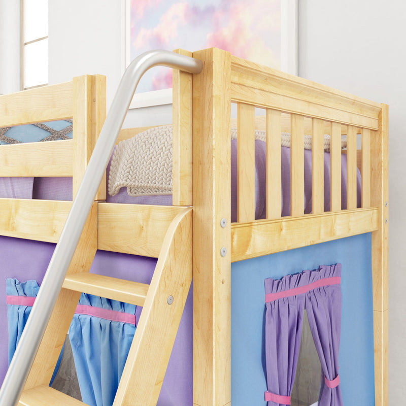 Maple loft bunk bed with built-in ladder and silver handrail, knitted throw and purple bedding above blue play-tent curtains