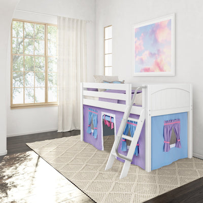 Bright modern kids bedroom with white wooden loft bunk bed and ladder, purple-blue play-tent curtains, large grid window with sheer curtains, pastel sky framed art, textured beige rug and dark hardwood floor
