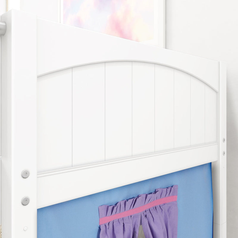 White wooden children's bed headboard with arched slats and pastel blue and purple bedding — modern nursery furniture