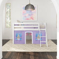 White wooden loft bunk bed with purple playhouse curtains and ladder in a modern kids bedroom, pastel cloud wall art, woven pendant light, arched windows and textured cream rug on dark hardwood floors